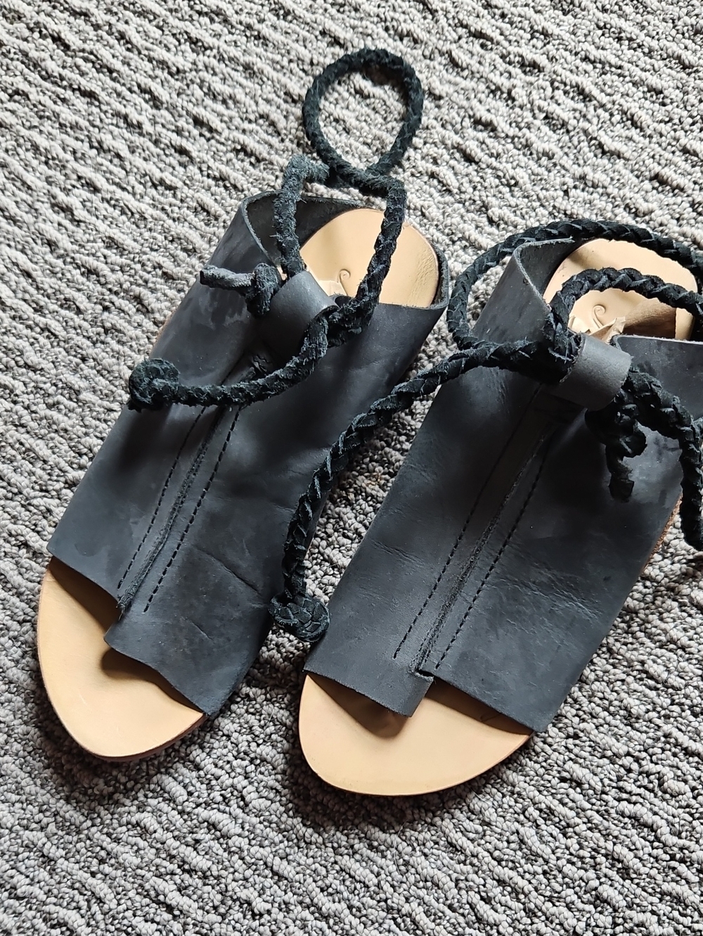 Free People  Black Leather Braided Lace-Up Sandals